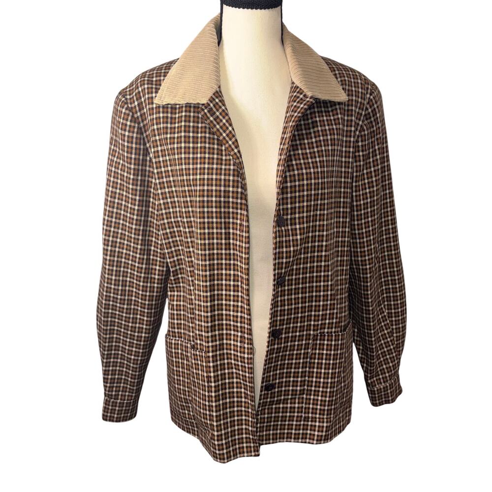 Vintage Barncore Hill Country‎ Houndstooth Jacket Corduroy Collar Earthy Brown